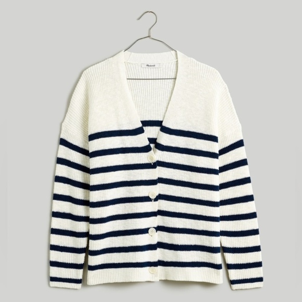 Madewell Striped V-Neck Button Front Cotton Cardigan | Small | Navy & Cream